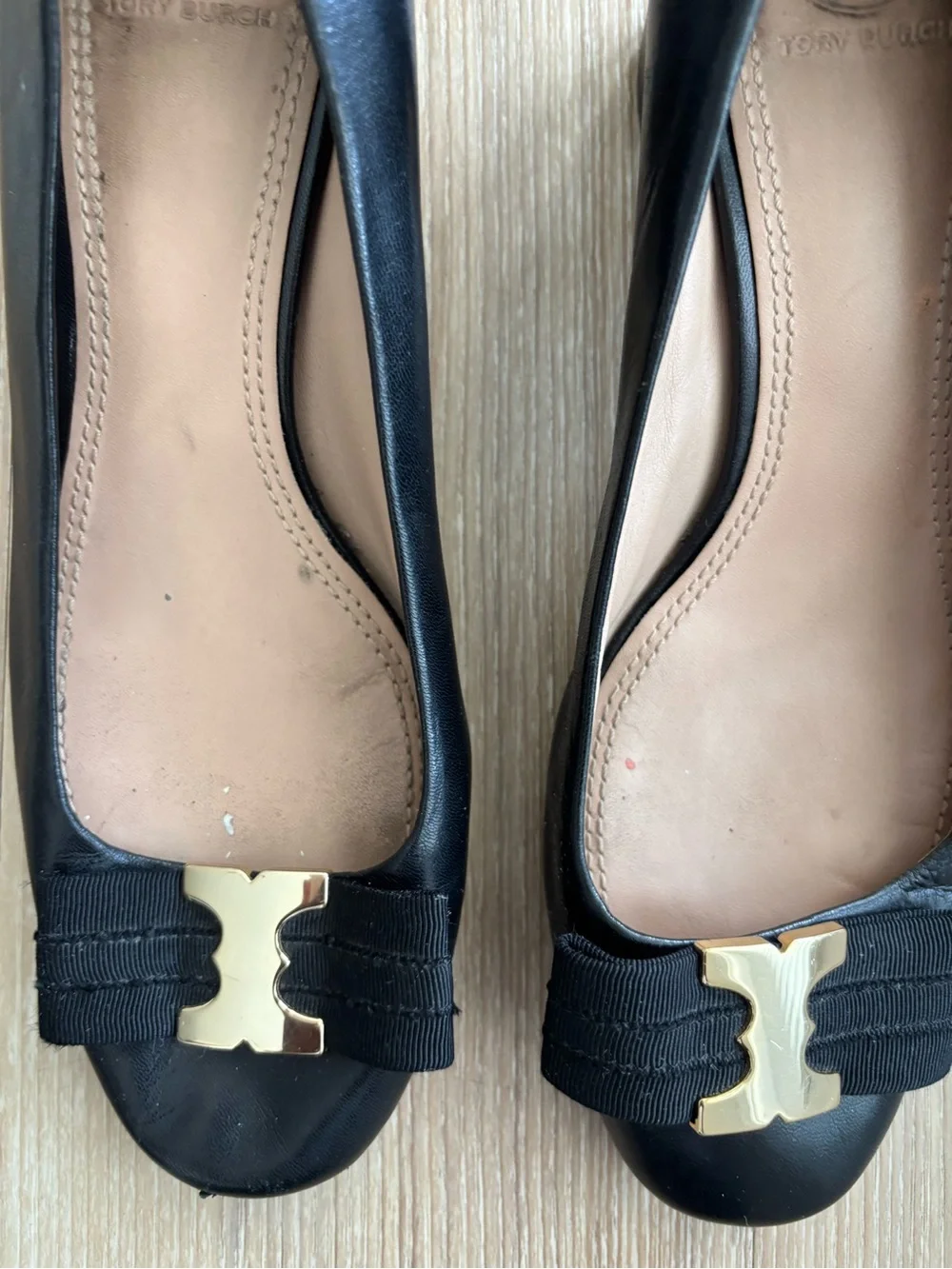Tory Burch Heels Gemini Link Black Leather Logo Pumps Womens 8 Office Classic